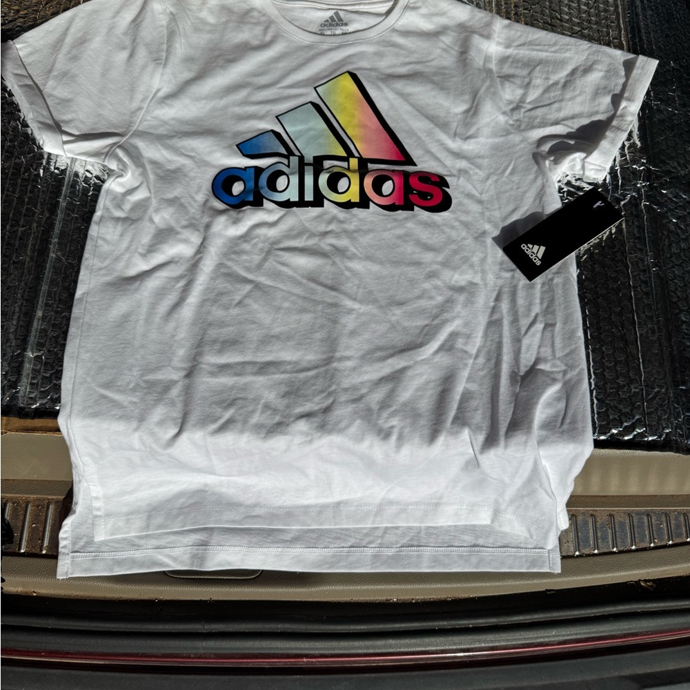 Adidas White Tee with Colorful Logo